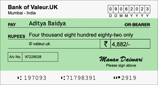 How to write a cheque for 4,882 rupees
