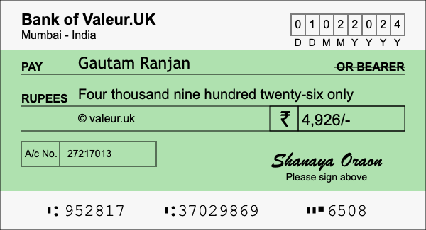 How to write a cheque for 4,926 rupees How to write a cheque for 4,926 rupees