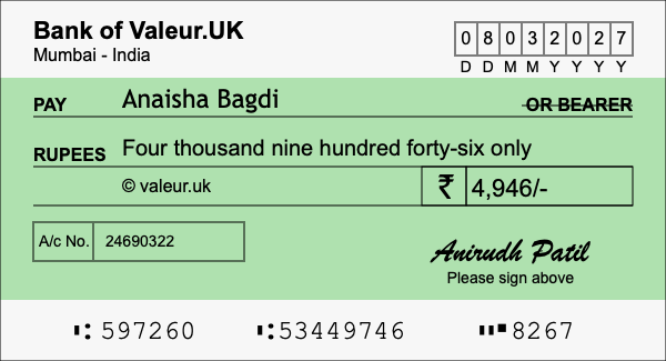 How to write a cheque for 4,946 rupees