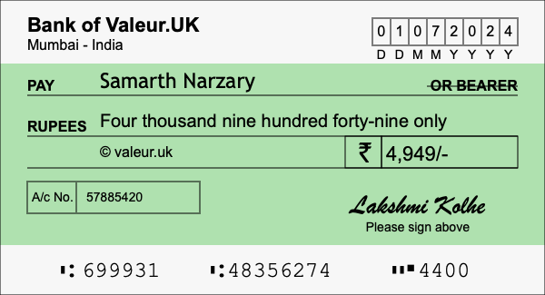 How to write a cheque for 4,949 rupees