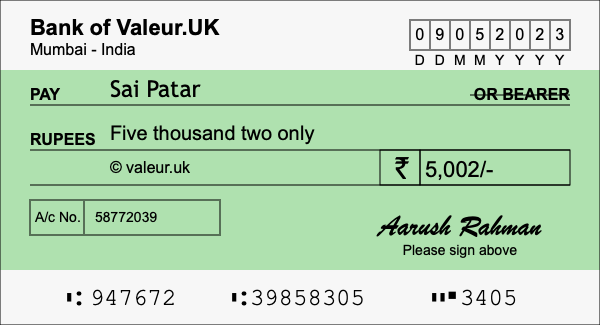 How to write a cheque for 5,002 rupees