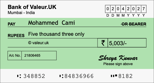 How to write a cheque for 5,003 rupees