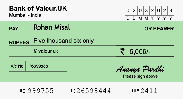 How to write a cheque for 5,006 rupees