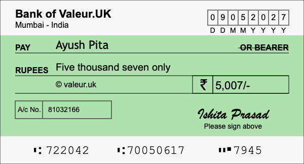 How to write a cheque for 5,007 rupees