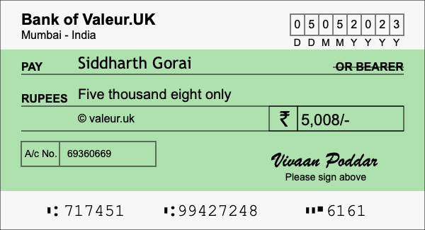 How to write a cheque for 5,008 rupees