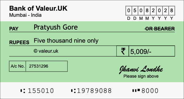 How to write a cheque for 5,009 rupees