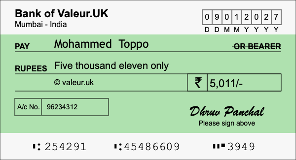 How to write a cheque for 5,011 rupees