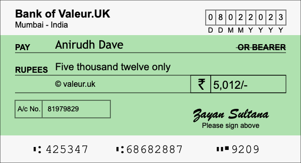 How to write a cheque for 5,012 rupees