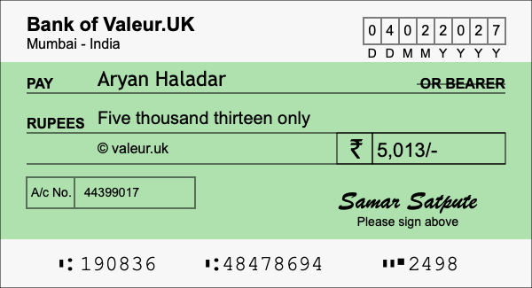 How to write a cheque for 5,013 rupees