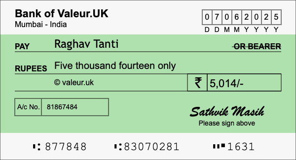 How to write a cheque for 5,014 rupees