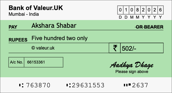 How to write a cheque for 502 rupees