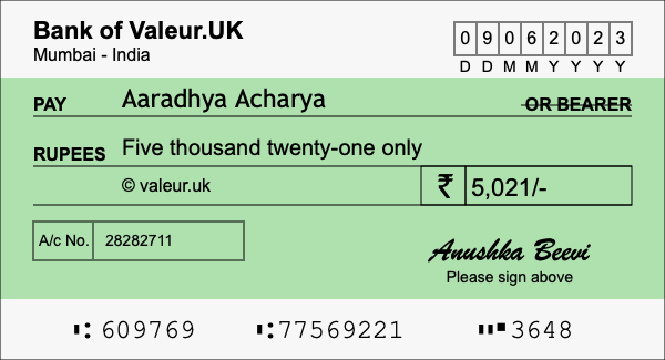 How to write a cheque for 5,021 rupees