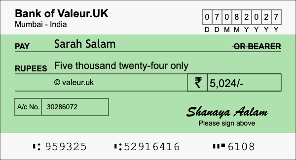 How to write a cheque for 5,024 rupees