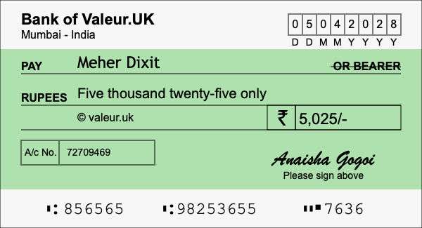 How to write a cheque for 5,025 rupees