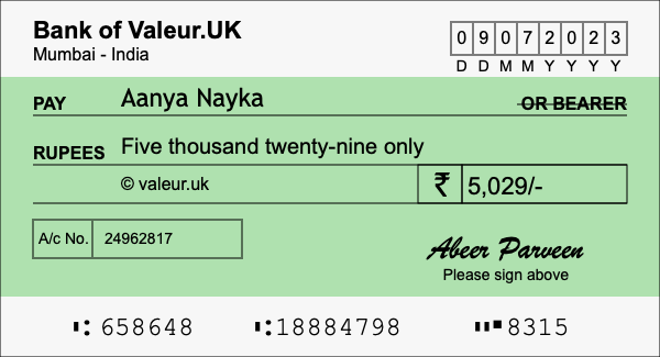 How to write a cheque for 5,029 rupees