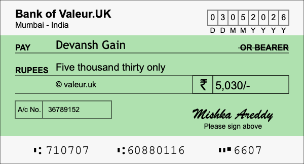 How to write a cheque for 5,030 rupees