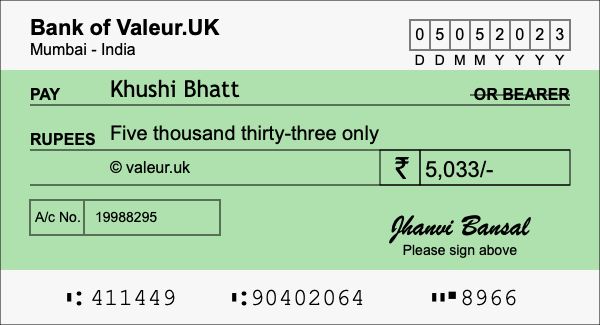 How to write a cheque for 5,033 rupees