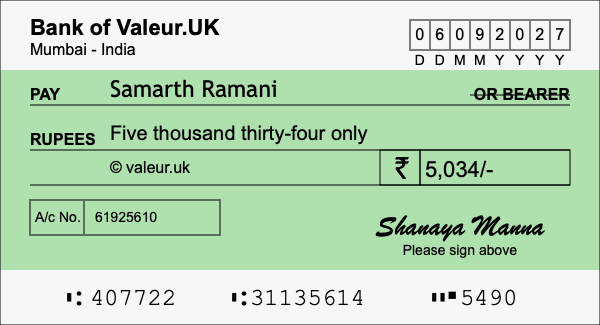 How to write a cheque for 5,034 rupees