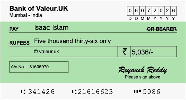 How to write a cheque for 5,036 rupees