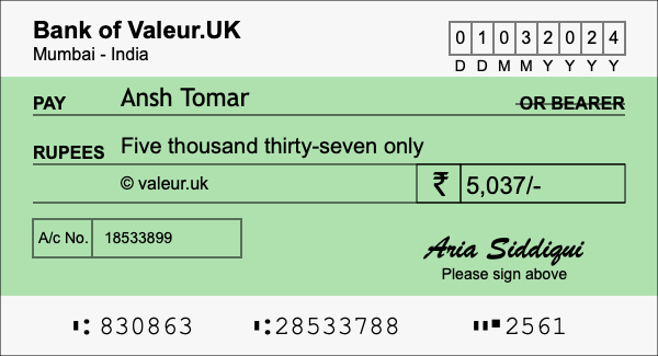 How to write a cheque for 5,037 rupees