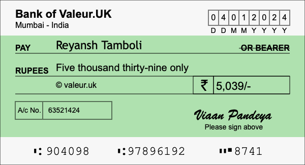 How to write a cheque for 5,039 rupees