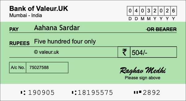 How to write a cheque for 504 rupees