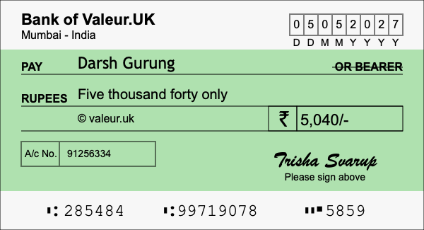 How to write a cheque for 5,040 rupees