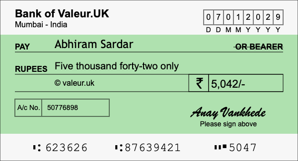 How to write a cheque for 5,042 rupees