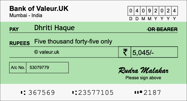 How to write a cheque for 5,045 rupees