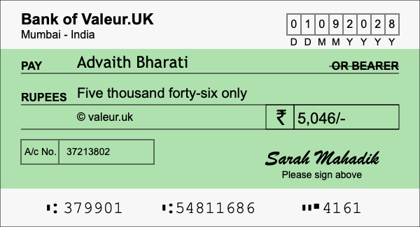 How to write a cheque for 5,046 rupees