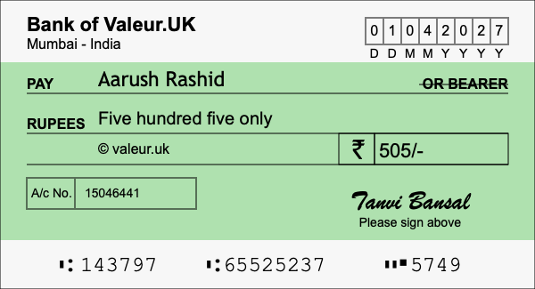 How to write a cheque for 505 rupees