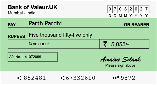 How to write a cheque for 5,055 rupees