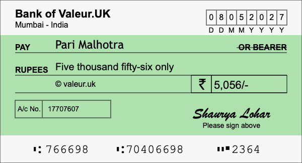 How to write a cheque for 5,056 rupees