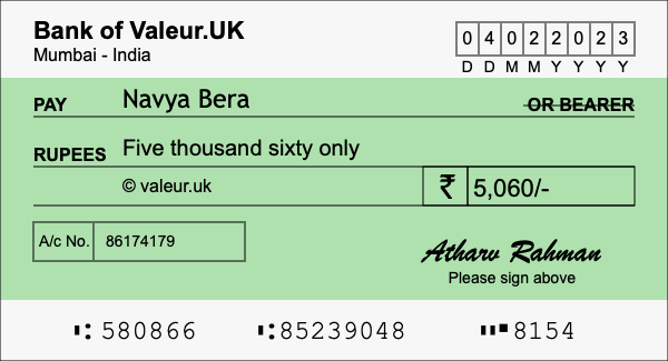 How to write a cheque for 5,060 rupees