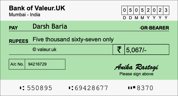 How to write a cheque for 5,067 rupees