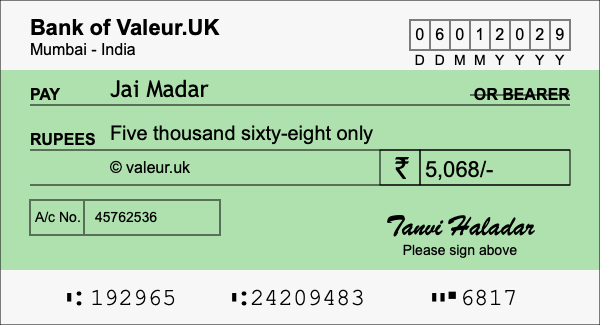 How to write a cheque for 5,068 rupees