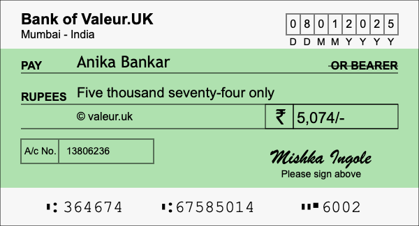 How to write a cheque for 5,074 rupees How to write a cheque for 5,074 rupees