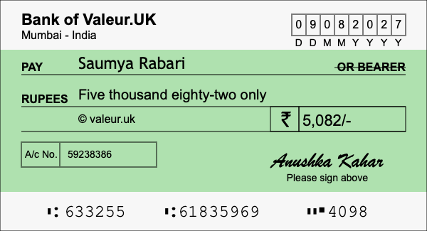 How to write a cheque for 5,082 rupees