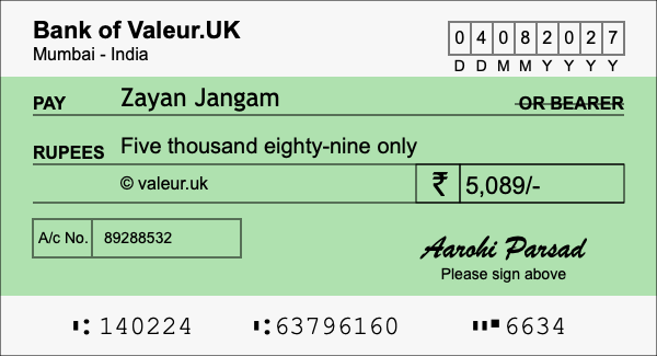 How to write a cheque for 5,089 rupees