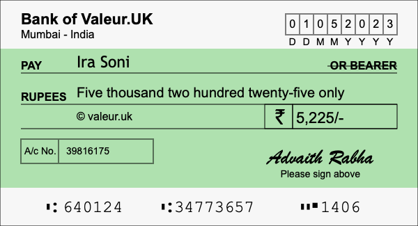 How to write a cheque for 5,225 rupees How to write a cheque for 5,225 rupees