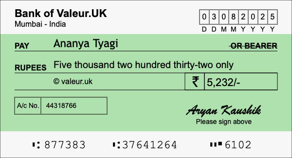 How to write a cheque for 5,232 rupees