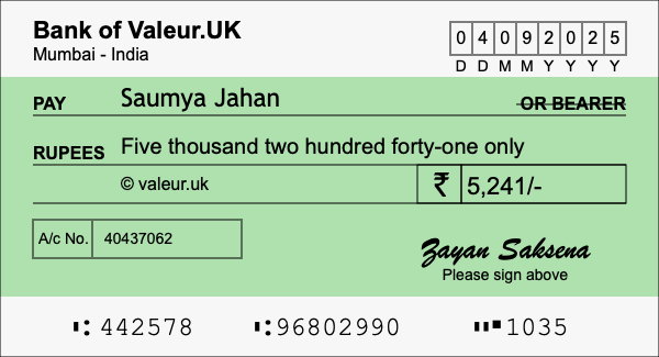 How to write a cheque for 5,241 rupees
