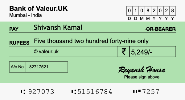 How to write a cheque for 5,249 rupees