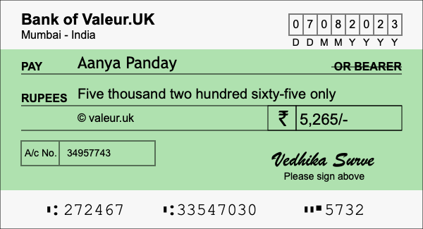 How to write a cheque for 5,265 rupees
