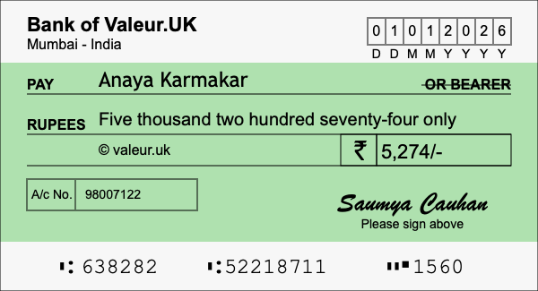 How to write a cheque for 5,274 rupees