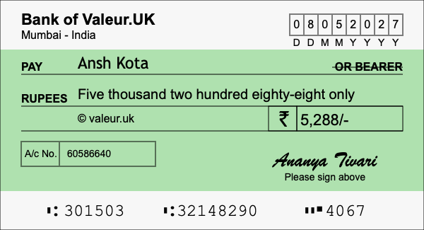 How to write a cheque for 5,288 rupees