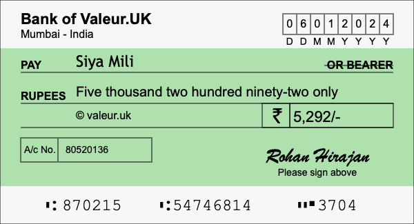 How to write a cheque for 5,292 rupees
