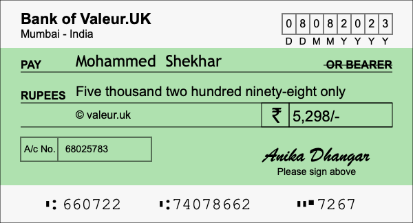 How to write a cheque for 5,298 rupees