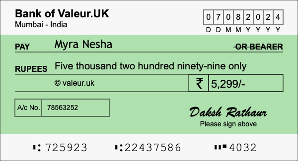 How to write a cheque for 5,299 rupees