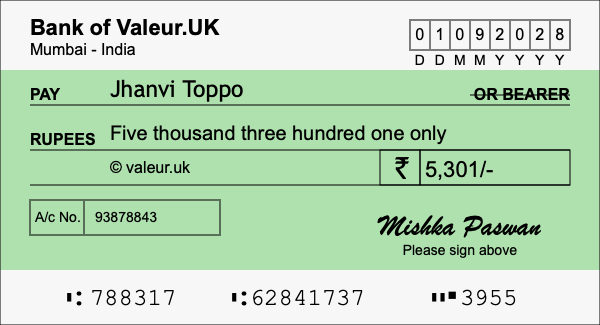 How to write a cheque for 5,301 rupees
